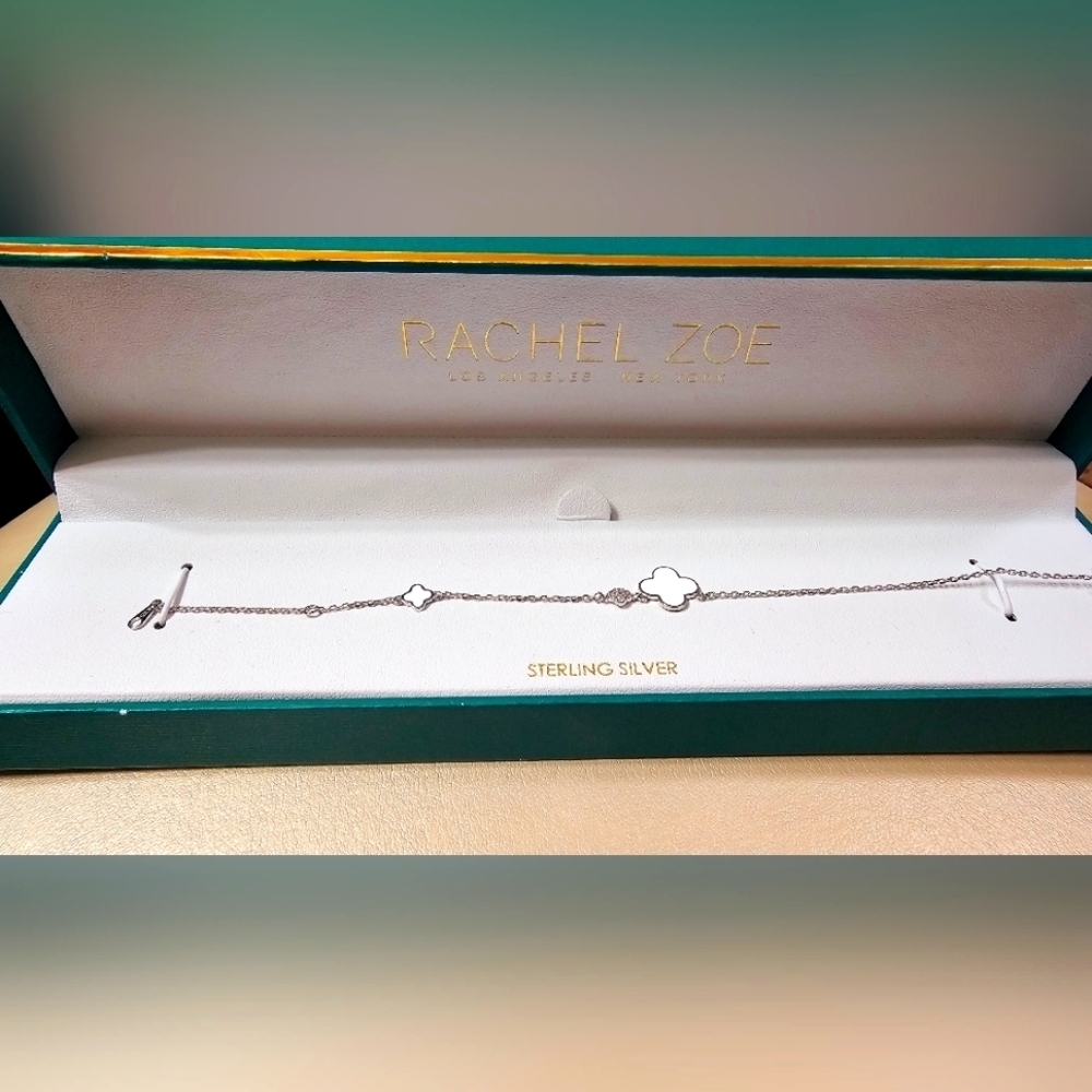 Rachel Zoe Sterling Silver Clover White Enamel Bracelet stamped 925 7.5"